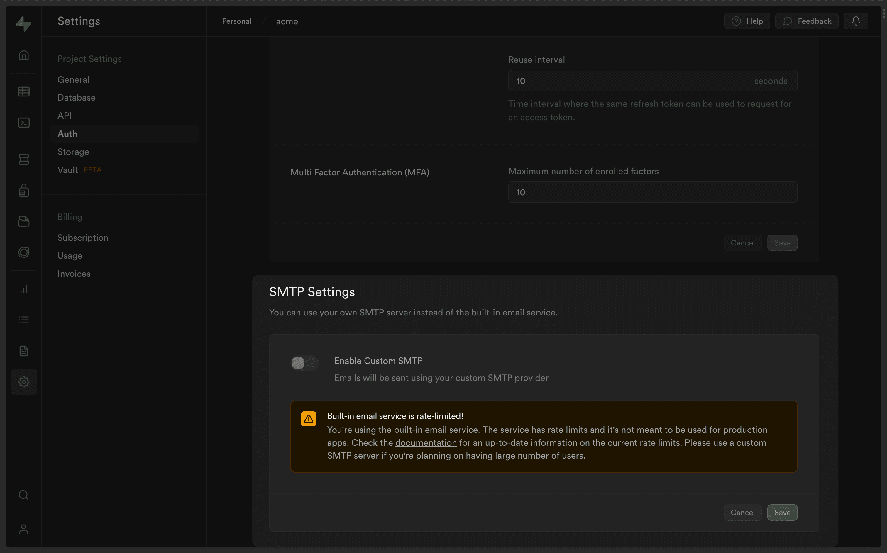 Supabase - SMTP Settings