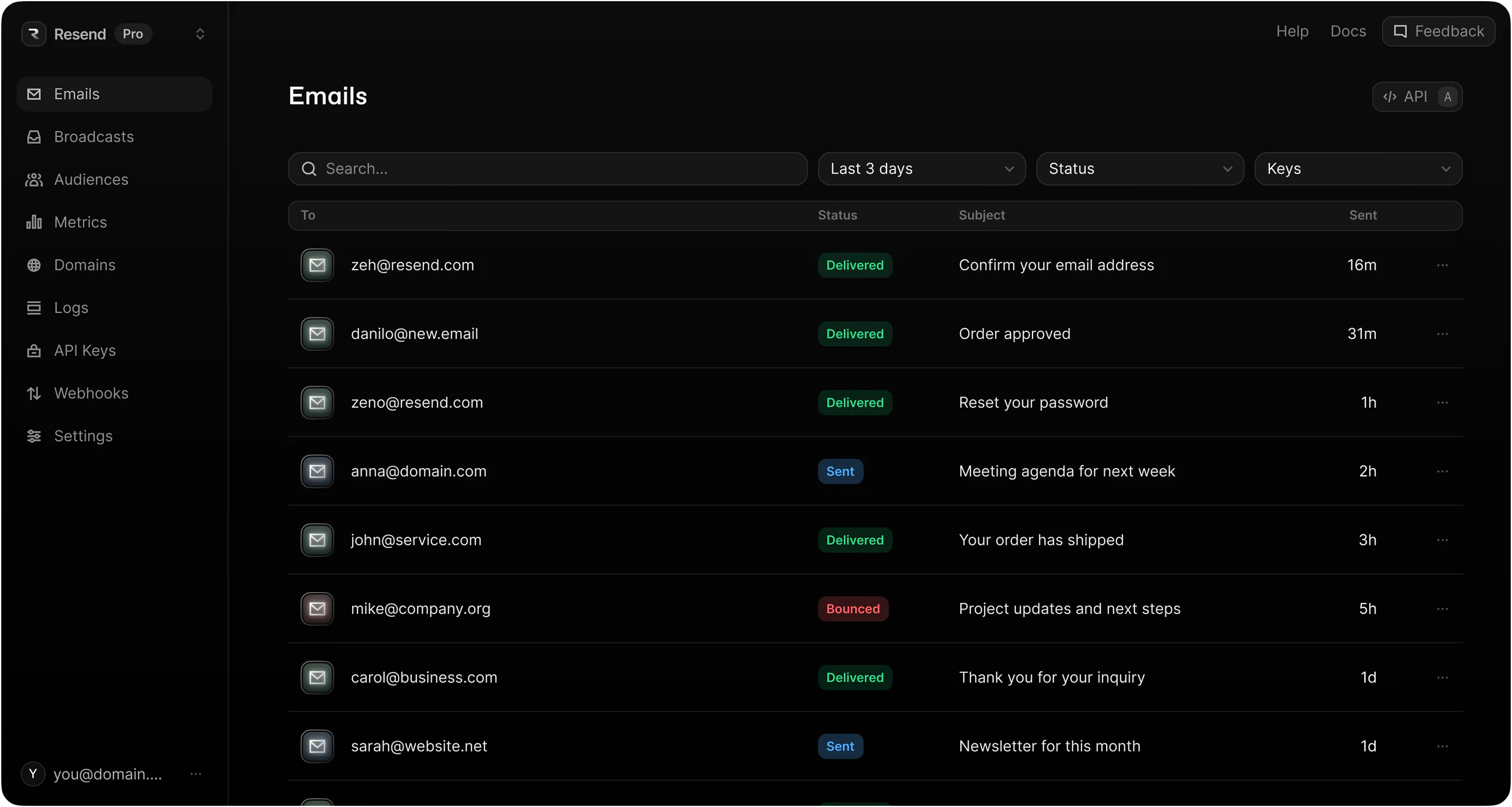 Resend Emails page